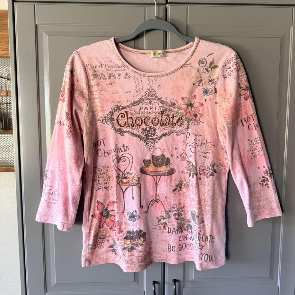Cactus Women's Y2K Parisian Chocolate Embellished Print 3/4 Sleeve Top, Pink, LP